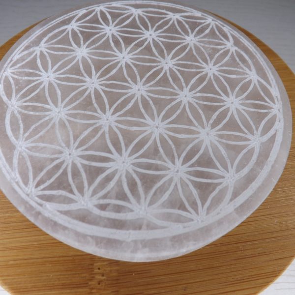 Fleur de vie 10cm en Sélénite motif blanc