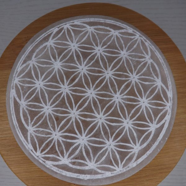 Fleur de vie 10cm en Sélénite motif blanc