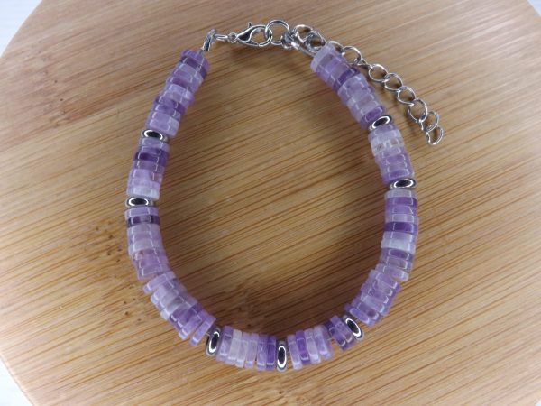 bracelet améthyste disque heishi pierre naturelle et métal argenté