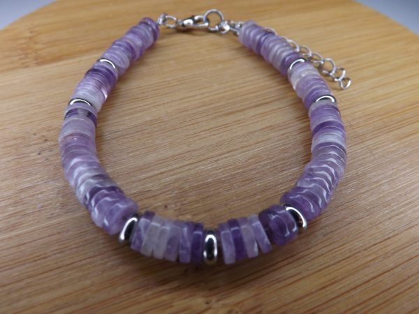 bracelet améthyste disque heishi pierre naturelle et métal argenté