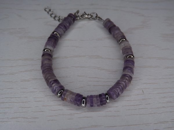 bracelet améthyste disque heishi pierre naturelle et métal argenté