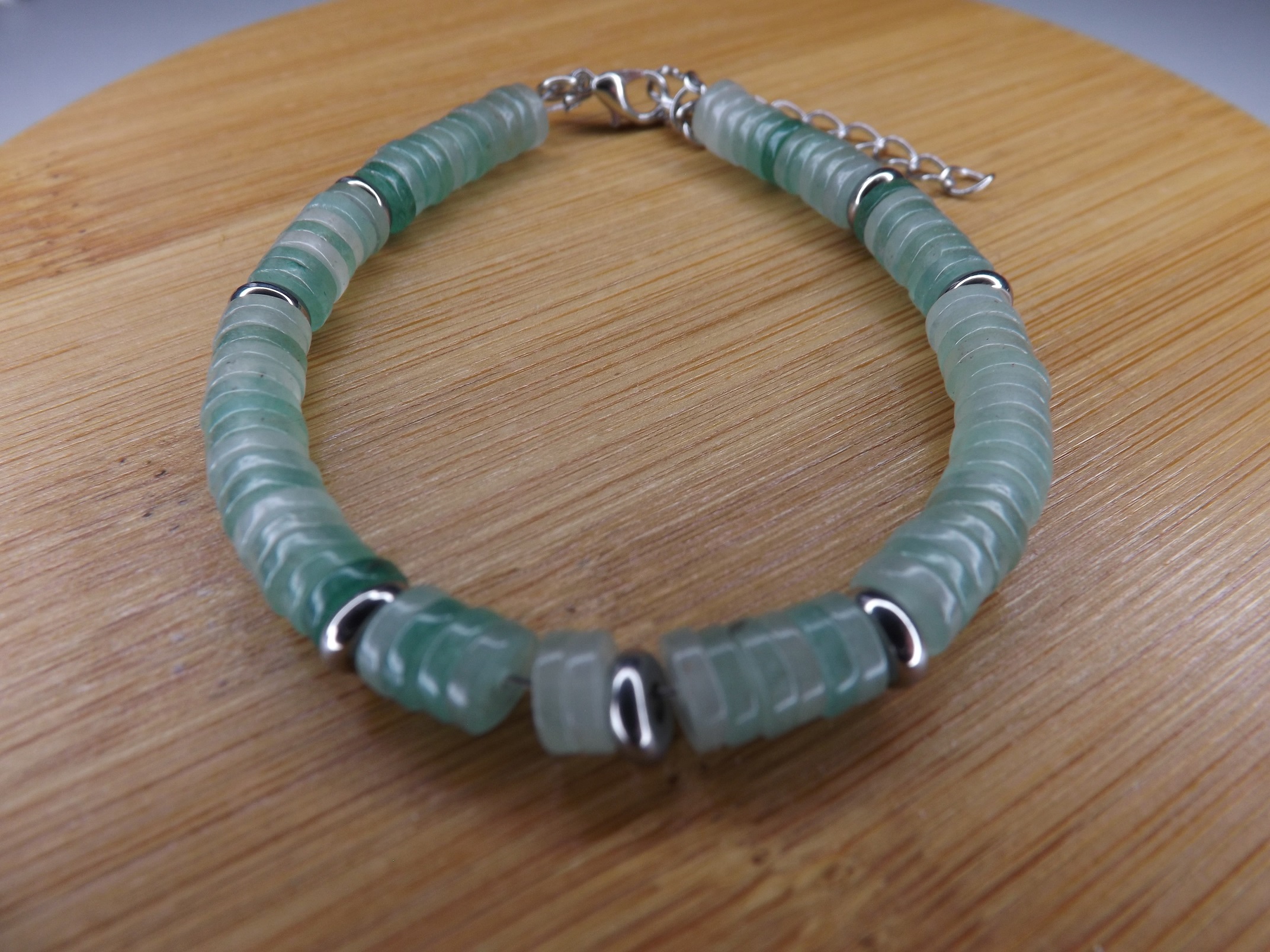 bracelet aventurine verte disque heishi pierre naturelle et métal argenté