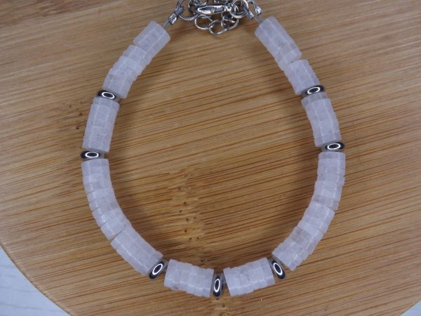 bracelet jade blanche disque heishi pierre naturelle et métal argenté