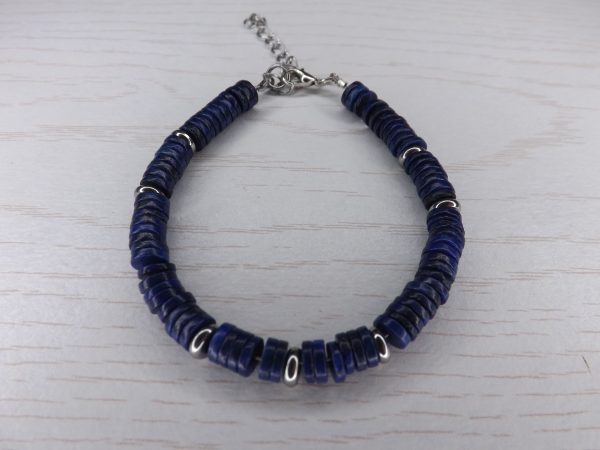 bracelet lapis lazuli disque heishi pierre naturelle et métal argenté