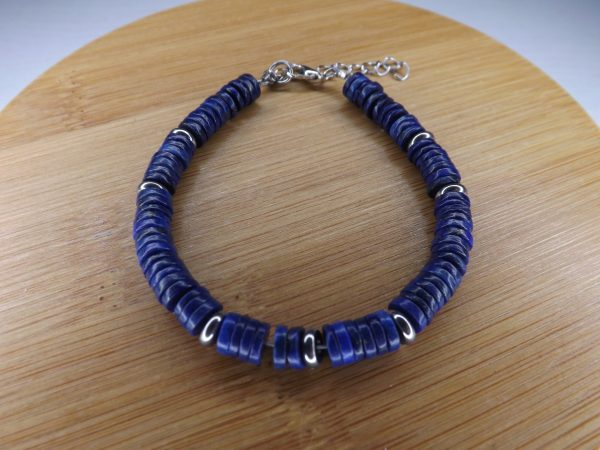 bracelet lapis lazuli disque heishi pierre naturelle et métal argenté