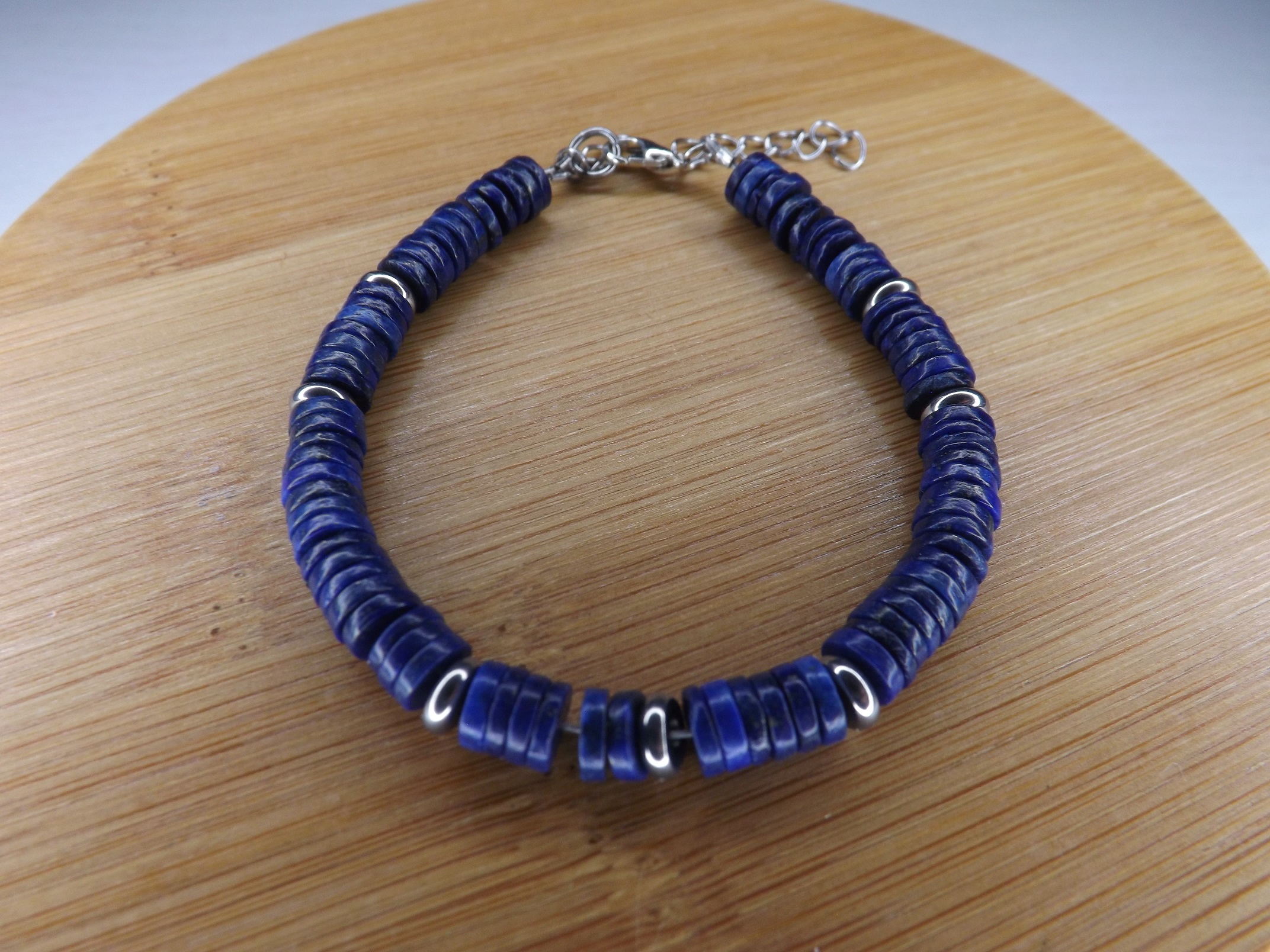 bracelet lapis lazuli disque heishi pierre naturelle et métal argenté