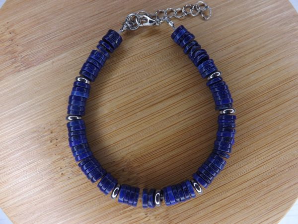 bracelet lapis lazuli disque heishi pierre naturelle et métal argenté