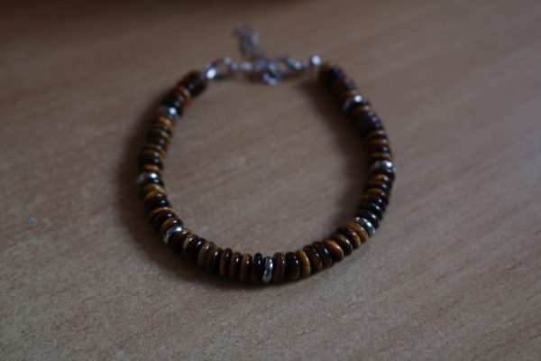 bracelet oeil de tigre disque heishi pierre naturelle et métal argenté