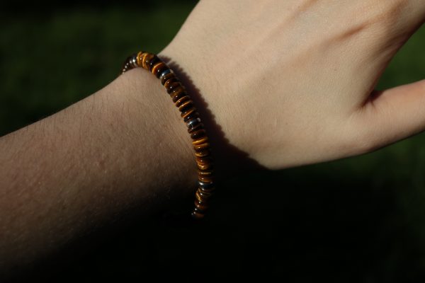 bracelet oeil de tigre disque heishi pierre naturelle et métal argenté