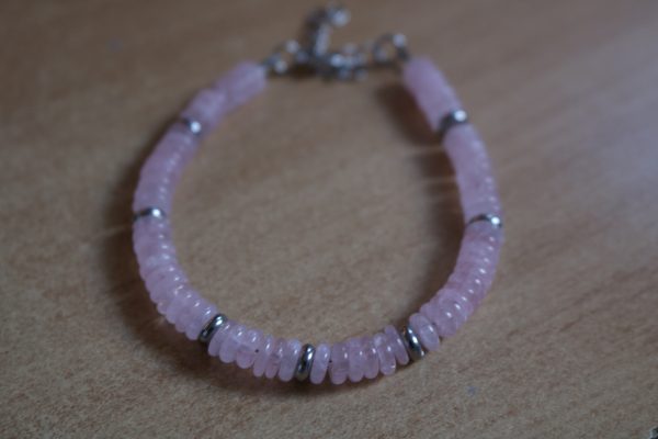 bracelet quartz rose disque heishi pierre naturelle et métal argenté