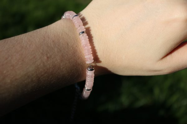 bracelet quartz rose disque heishi pierre naturelle et métal argenté