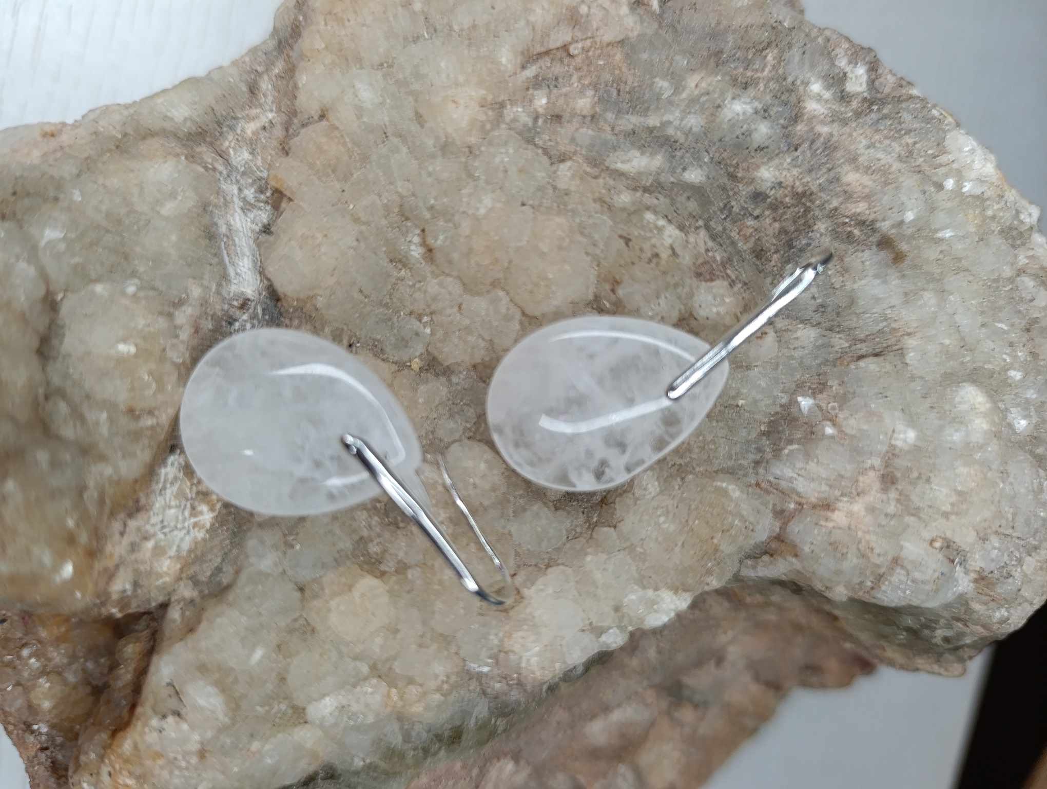 boucles d'oreilles en cristal de roche quartz forme larme pierre naturelle pendantes laiton plaqué argent